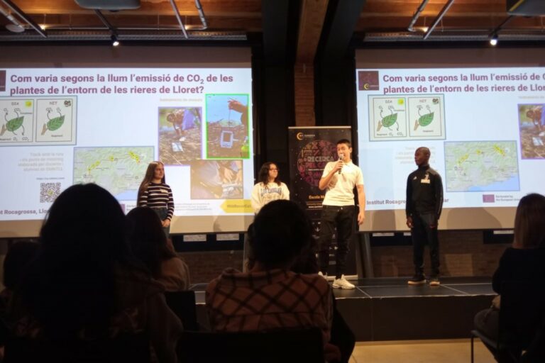 Els quatre alumnes presentant el projecte (Institut Rocagrossa)