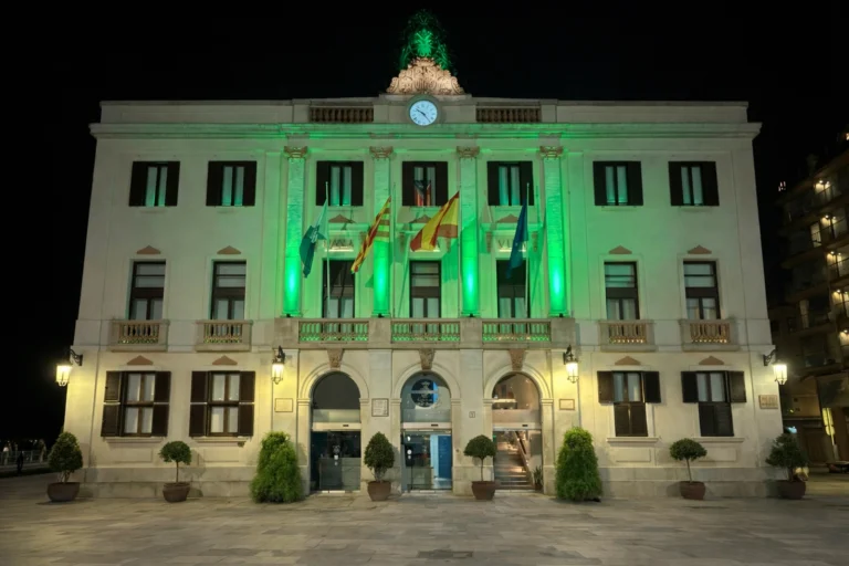 La façana de l'Ajuntament il·luminada de color verd