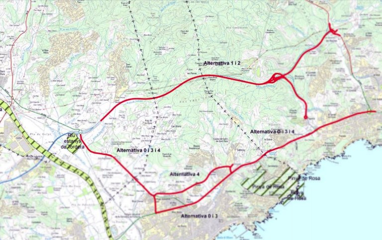 Mapa de les alternatives al nou ramal de la C 32 fins a Lloret